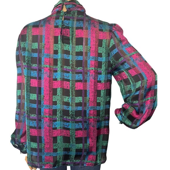 Vintage 80s Jewel Tone Abstract Plaid High Neck Satin Polyester Blouse - Picture 4 of 5